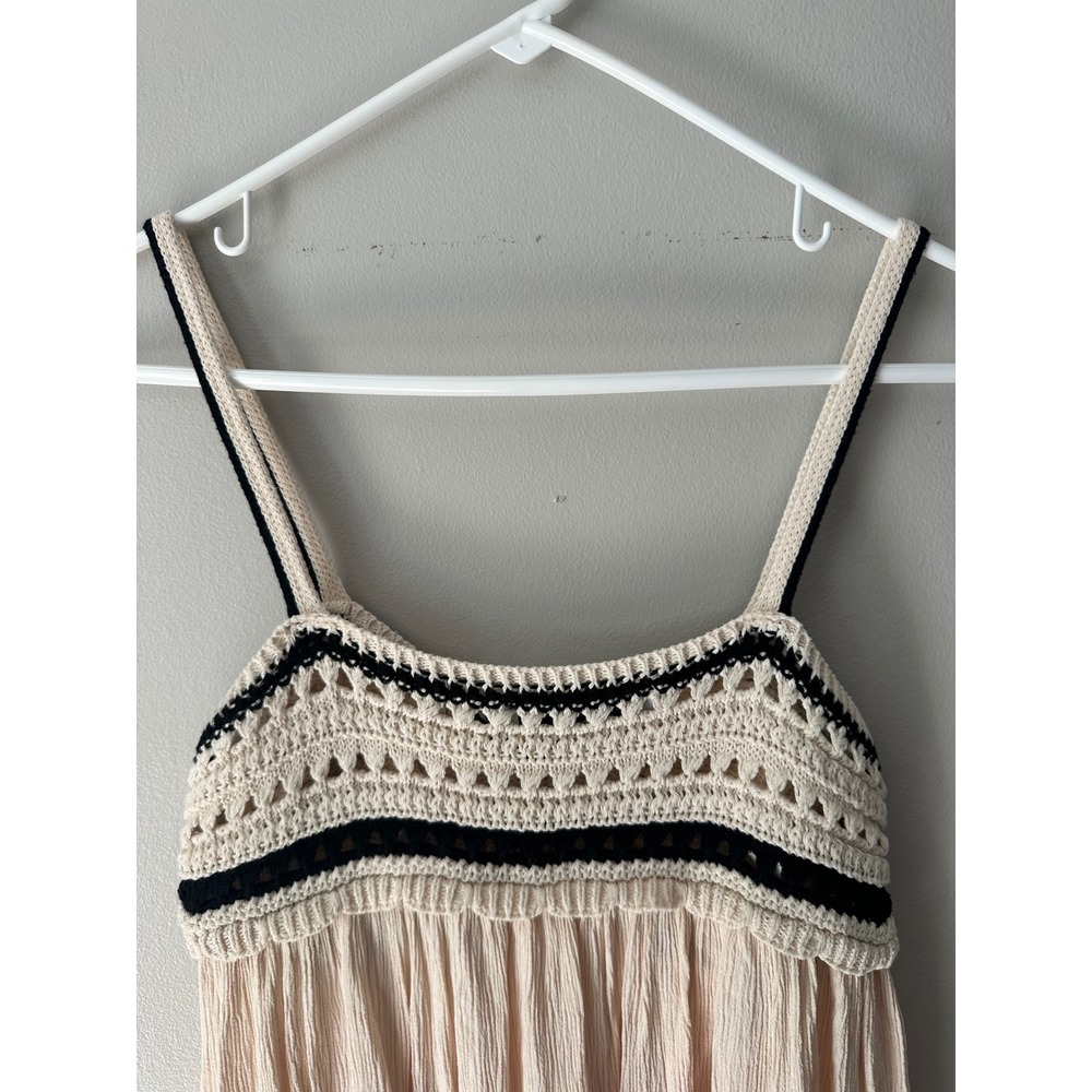 Zara Crochet Knit Bodice Crinkle Midi Dress Cream Black Boho Summer Flowy Size M - Picture 4 of 8